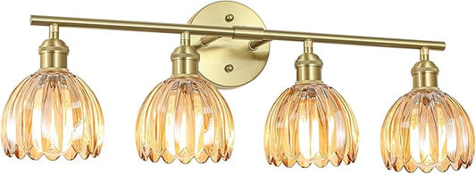 Vintage Bathroom Light Fixtures,4-Light Hardwired Vanity Lights Over Mirror,Gold Wall Sconces with Amber Tulip Glass Shade for Bathroom Living Room,E26 Socket(Bulbs Not Included)