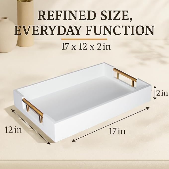 Serving Tray with Handles – 17 x 12 x 2 Inch White Acacia Wood Ottoman Tray Table Decorative – Coffee Trays Wood Decor for Kitchen – Breakfast in Bed Trays with Golden Metal Handles (White)
