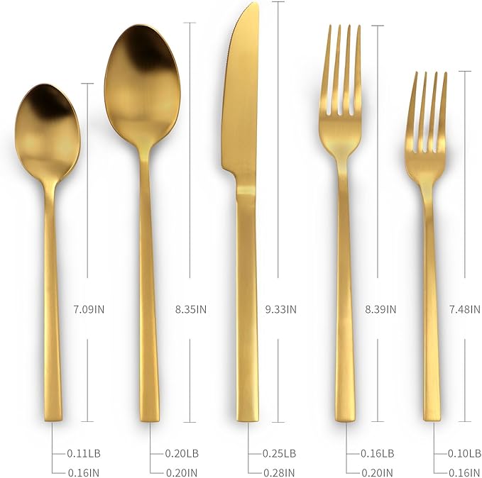 Stainless Steel Flatware Set Hand Forged 18/10 Silverware Set Cutlery Set Gold Cuboid Handle Matte Finished 20 Pieces Service for 4