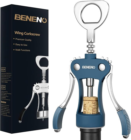 Beneno Wine Opener, Zinc Alloy Premium Wing Corkscrew with Multifunctional Bottles Opener, Sharp Wine Corkscrew with Ergonomic Non-Slip Wing Handle, Blue