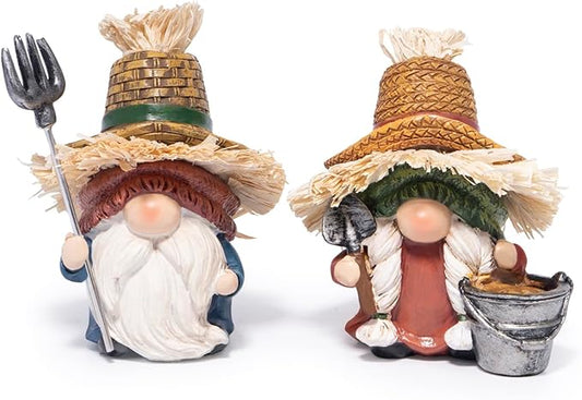 Hodao Fall Scarecrow Farm Gnomes - Couple Figurines with Straw Hats & Farm Tools, Rustic Indoor Outdoor Decor for Home, Porch, Thanksgiving & Harvest Gifts(Green)