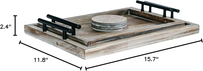 Decorative Ottoman Serving Tray Wooden Rustic (Set of 2) | Black Sleek Metal Handles | 4 Matching Coasters | Coffee Table Decor | Serving Kitchen Platter (Rustic Brown)
