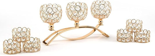 VINCIGANT Gold Crystal Candle Holders Decorative Candelabra 3 Arms with 6Pcs Tea Light Candle Holders for Wedding,Anniversary Center Pieces,Dinner Party Table Decor Candles Centro de mesa para boda