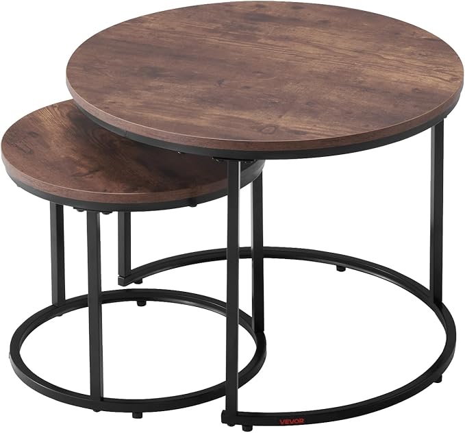 VEVOR Nesting Tables, Coffee Table Set of 2, 23.6 inch Round Coffee Table, Small Coffee Tables Night Stand with Metal Frame, for Living Room, Bedroom, Office (Brown & Black)