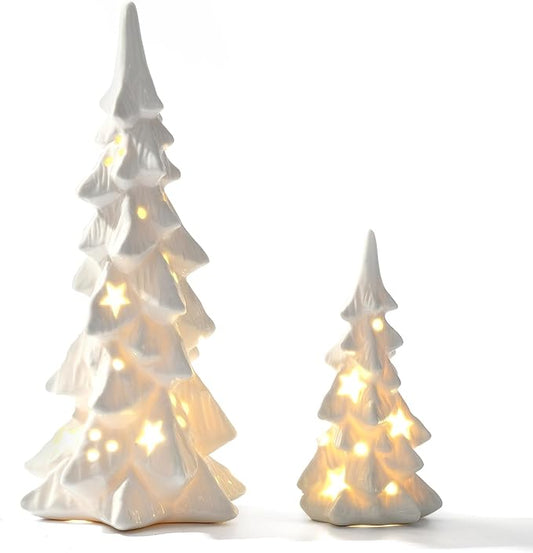 DN DECONATION White Ceramic Christmas Trees that Light Up, 2Pcs Porcelain Christmas Tree with Lights, Stars and Dots Cutout Prelit Tabletop Xmas Tree Figurines for Mantle Neutral Christmas Decor, Gift