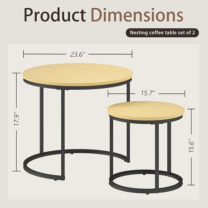 Nesting Tables Set of 2, Round Coffee Table, Small Nesting Coffee Table with Adjustable Non-Slip Fee, Wood Grain Top Nesting Tables for Living Room, Bedroom (Wood Grain Light Brown)
