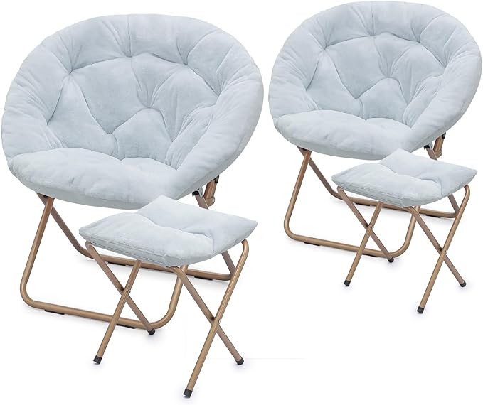 Athena Collection Saucer Chair with Ottoman Comfy Chair for Bed Room Living Room Folding Round Cozy Chair Faux Fur Metal Frame Foldable Lazy Chair Accent Chair Reading Chair Set of 2, Blue