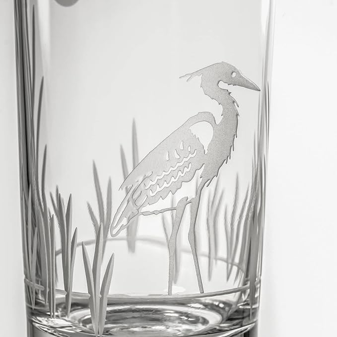 Rolf Glass Heron Highball Glass | 15oz Set of 4 Cooler Glasses | Lead-Free and Engraved | Drinking Glass with Heavy Base | Designed and Engraved in the USA | Coastal Bird Design