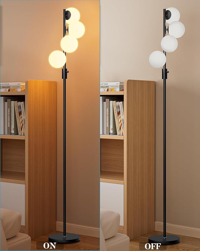 Lightdot 64IN Dimmable (Brightness Adjustable) Globe Floor Lamp, Black Standing Lamps with 4PCS 3000K G9 Bulbs Soft Warm White Eye Care, Mid Century Modern Floor Lamp for Living Room