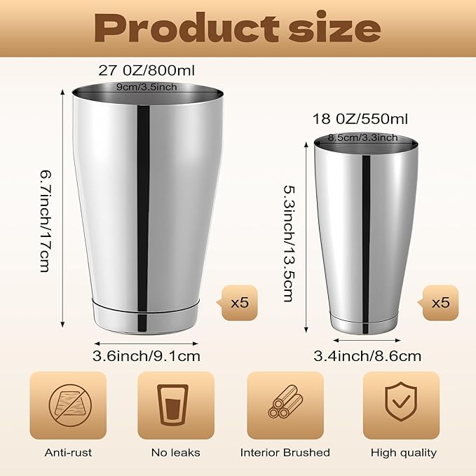 10 Pcs Cocktail Shakers, Professional Bar Shaker Boston Set, Boston Cocktail Shaker Set, Stainless Steel Martini Shakers Drink Mixer for Bartending, 18 oz & 27 oz (Silver)