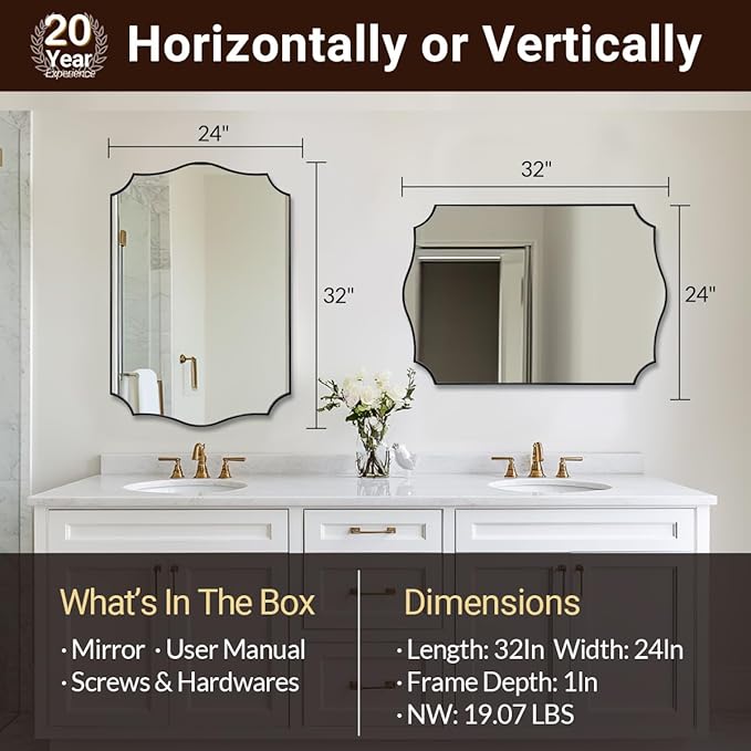 ANDY STAR Matte Black Bathroom Mirror, 24x32 Inch Scalloped Mirror for Bathroom, Black Irregular Mirror in Premium Stainless Steel 1“ Frame, Unique Wavy Shape, Italian Style