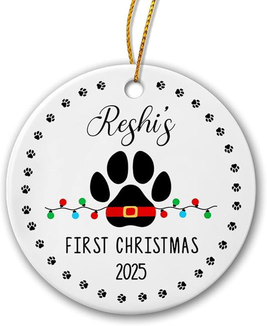Pet Dog Cat First Christmas Ornament 2025, Personalized Puppy Pawprint Ceramic Ornament, Puppy 1st Christmas Keepsake Gifts for Dog Owners, Custom Pet Dog Cat Name & Year, My Fur Baby's 1st Christmas