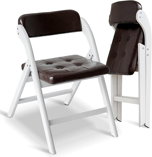 Padded Folding Chairs with Cushion, Stackable Wooden Foldable Chair Set of 2, Padded Folding Chairs with Cushion for Guests Kitchen, Office, Wedding, Picnic, Party Chair (White Brown)