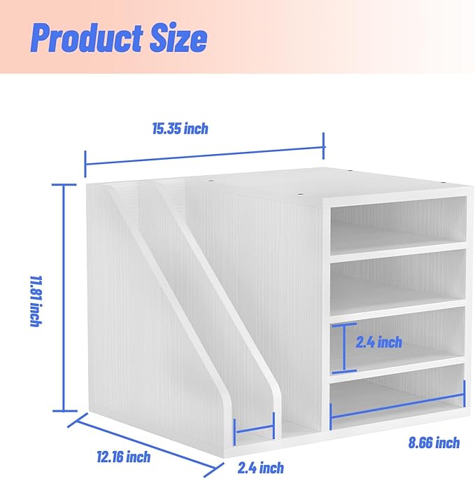 Wood Desk Organizer File Holder, Wooden Mail Organizer Countertop with Adjustable Compartments, Desktop File Organizer Paper Sorter for Home, Office and School, Envelope Organizer, White