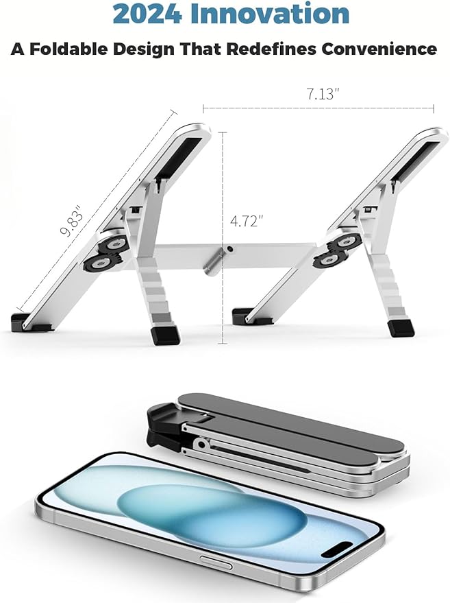 ZenRich Foldable Laptop Stand – Ergonomic Aluminum Riser with 6 Adjustable Heights, Compatible with MacBook, Dell, Asus, HP, Lenovo, Samsung, Razer, MSI (Up to 15.6''), Silver/Black