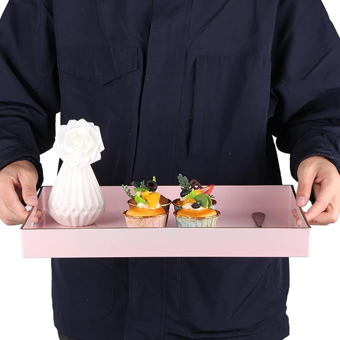 Sturdy Acrylic Serving Tray with Handles-15.7x11.8Inch, Morden Plastic Rectangular Serving Tray for Coffee Table Bathroom, Ottoman, Home Decor (Rectangular - Pink)