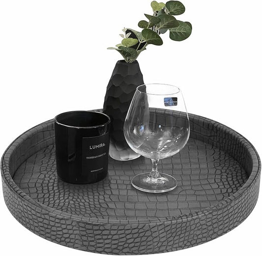 HofferRuffer Faux Leather Round Serving Tray, Vegan Croco Leather Decorative Tray, Food Tray for Storage Drinks, Snack & Cosmetics, Dia.12'' x 1.6'' (Dark Grey)