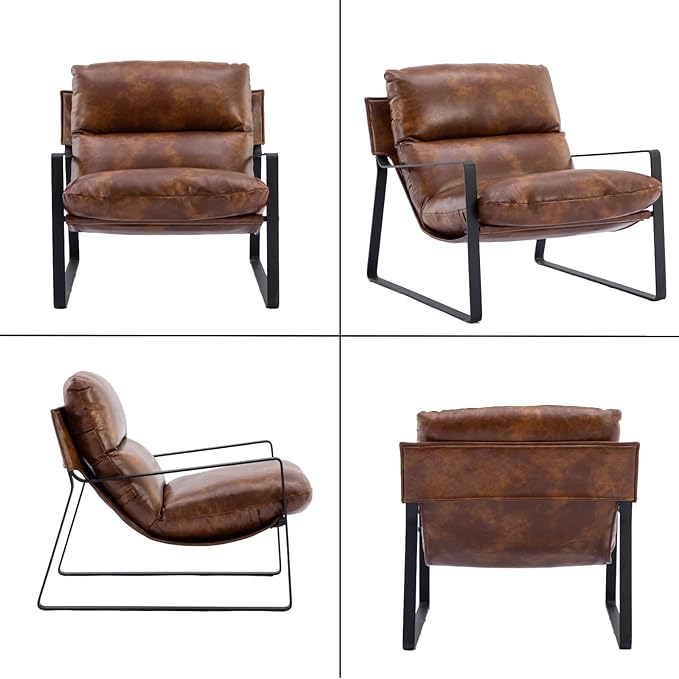 HEAH-YO Modern Accent Chair Set of 1, PU Faux Leather Lounge Chair with Soft Seat Cushion and Solid Metal Frame, Comfy Living Room Chair Reading Chair for Bedroom, Brown