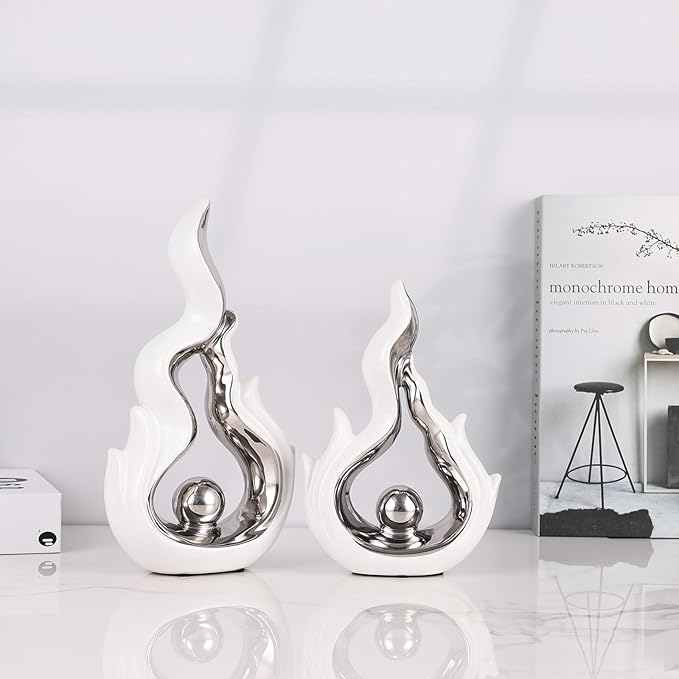 2 Pcs White and Silver Ceramic Sculptures for Home Decor, Modern Abstract Art Statues, Centerpieces for Dining Room Table, Living Room, Shelf, Mantel, Coffee Table, Entryway Accent Decorations