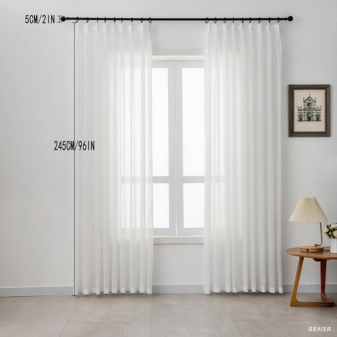 Off White Sheer Curtains 96 inch Length for Living Room Pinch Pleated Sheer White Curtains for Farmhouse Curtain for Bedroom Track Hooks Chiffon Curtain, 1 Panel, 40" W x 96" L