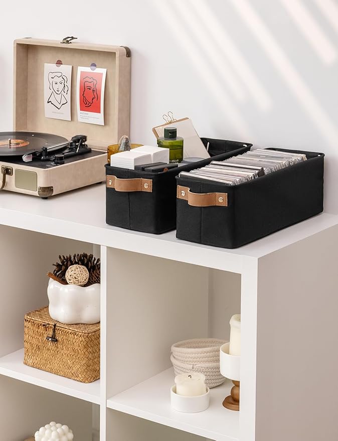 StorageWorks Narrow Storage Bins, Small Basket for Closet and Shelves, Fabric Organizer with Handles, Toilet Paper Storage, Black, 2-Pack