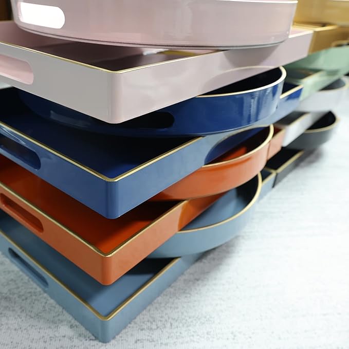 Spsyrine Round Blue Decorative Tray, 13" Plastic Serving Table Tray with Handles for Breakfast, Ottoman, Coffee Table, Bathroom, Kitchen, Living Room