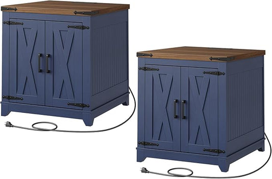 Farmhouse End Table Set of 2, Sofa Side Table with Charging Station and Adjustable Shelf, Wooden Nightstand for Living Room, Bedroom, Ink Blue and Walnut