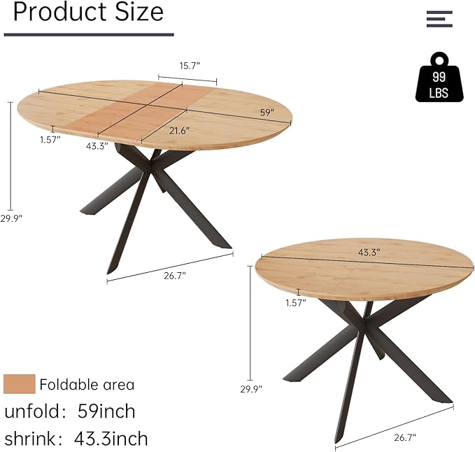 43.2"-59.1" Extendable Round Dining Table, Mid Century Modern Wooden Round Table, Leisure Oak Coffee Table,Saving Space