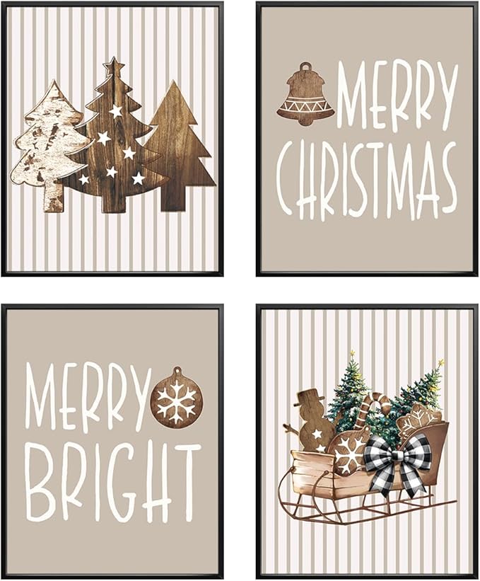 Wheatwin Boho Christmas Decor, Neutral Christmas Decor, Merry Christmas Wall Art Prints Set of 4, Wooden Christmas Tree Winter Decorations for Office Bedroom Living Room, 8x10 (Unframed)