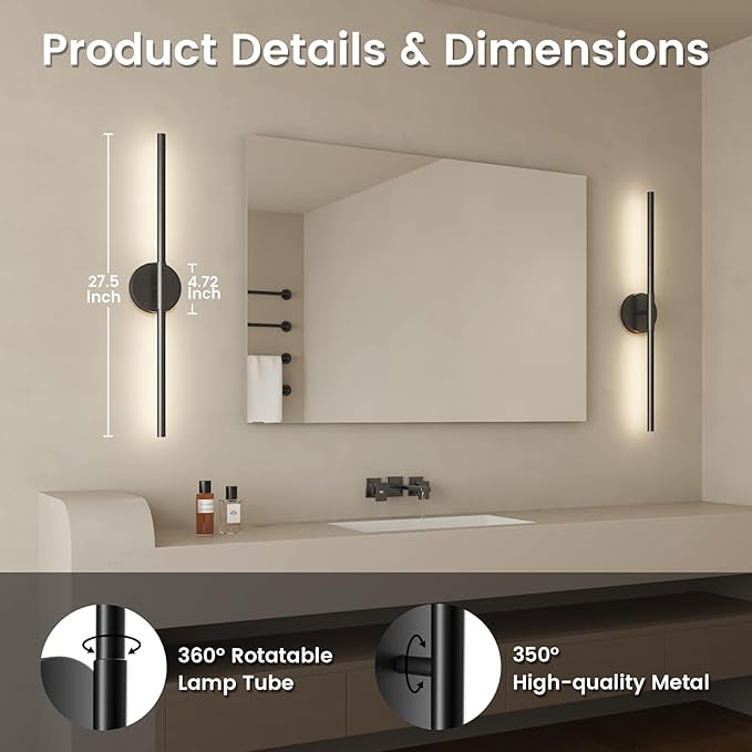 Battery Operated Wall Sconces Set of 2, 360°Rotation Wireless Rechargeable Wall Lights: Dimmable Detachable Wall Lamp with Remote Control, 3000K-6000K Infinite Dimming Wall Sconce 27.6 Inch