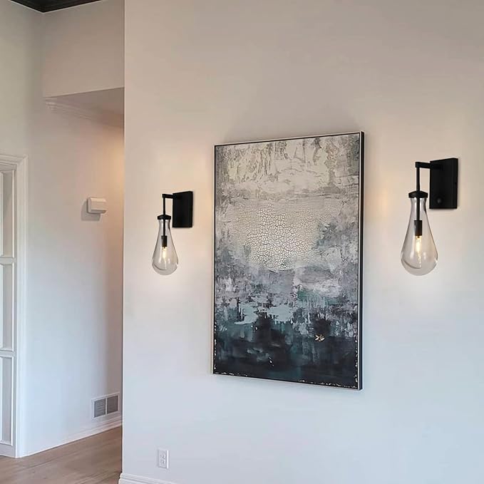 HuisMier Raindrop Wall Sconces, Black Wall Sconces with On/Off Switch, Modern Clear Glass Wall Lamp Vanity Light Fixtures for Bathroom Bedroom Living Room Hallway, Hardwired