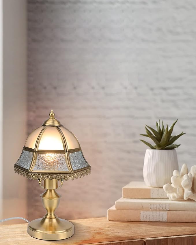 Retro Style Table Lamp, Mushroom Lamp, Frosted Glass Lampshade Brass Base for Living Room Bedroom House Nightstand, 7.4" W x 13.7" H