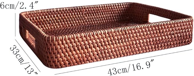 i-lan 17 Inch Oversize Handwoven Dark Brown Rattan Rectangular Serving Tray with Cutout Handles, 2.3” High Wall Decorative Woven Rattan Storage Baskets Organizer Platter for Bread, Fruits