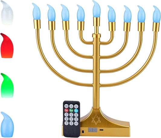 Electric Hanukkah Menorah,RGB Led Menorahs for Chanukah Decoration,Color Changing with Remote Control & Push-Button to Choose The Day and Timer Options Battery/USB Powered,Gold