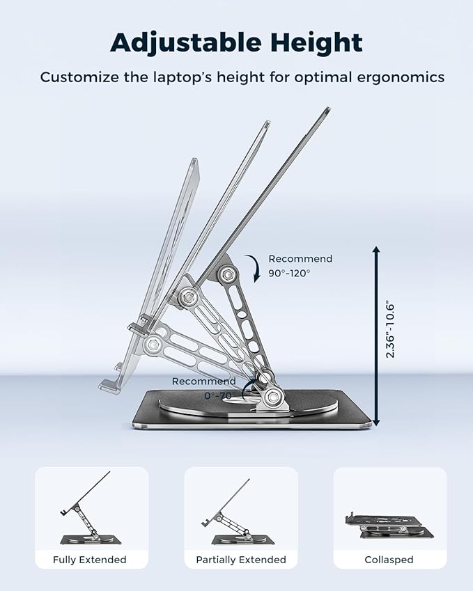 Adjustable Laptop Stand for Desk - Portable Laptop Riser with Rotating Base, Foldable Aluminum Computer Stand, Ergonomic Laptop Holder for MacBook Pro/Air Dell HP Lenovo Notebook up to 15.6", Black