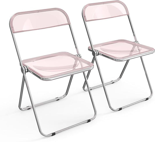 VINGLI Acrylic Folding Chairs 2 Pack, Clear Chair Foldable and Stackable, Plastic Panel & Metal Chrome Frame, Weight Capacity 350 lbs, Pink