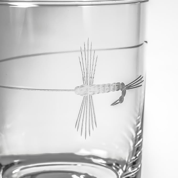 Rolf Glass Fly Fishing Double Old Fashioned Glass | 13oz Engraved Whiskey Tumblers | Set of 4 Lead-Free Crystal Glasses | Made in the US