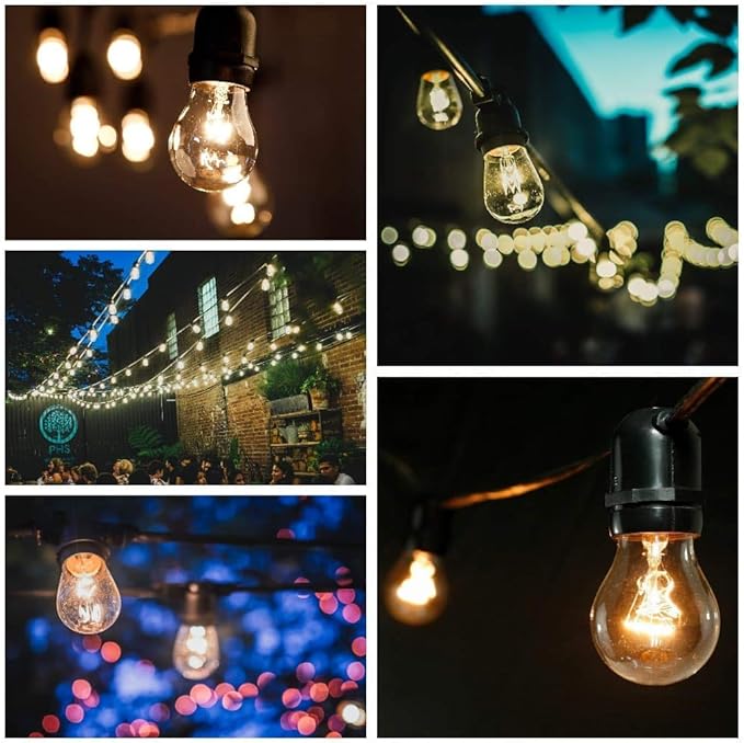 Hometown Evolution, Inc. 100' E26 Commercial Edison Bulb Outdoor String Lights (100 Foot 50 Socket, S14 Zig Zag Edison 11 Watt Light Bulbs)