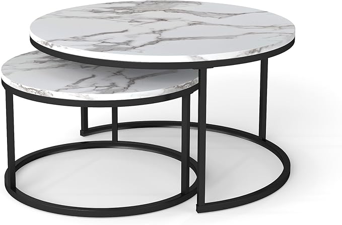 Nesting Coffee Table Set of 2, 31.5" Round Coffee Table Wooden Marble Pattern Accent Furniture, Industrial End Table for Living Room Bedroom Balcony (White/Black)