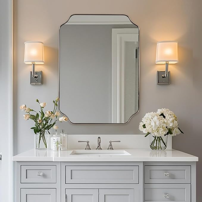 ANDY STAR Scalloped Bathroom Mirror, 24x32’’ Brushed Nickel Rectangle Mirror for Bathroom, Silver Bathroom Vanity Mirror, Unique Scalloped Edge Design, Rust-Proof Stainless Steel Frame