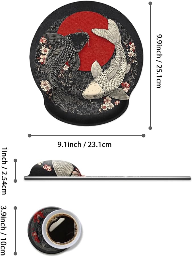Mouse Pad with Wrist Support, Ergonomic Mouse Pad with Memory Foam Wrist Rest Cushion, Non-Slip Rubber Base Gaming Mice Pad for Home Office Computer Laptop,Koi Fish