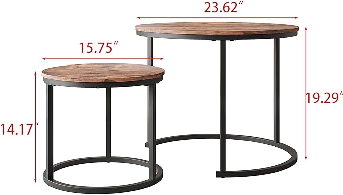 HOJINLINERO Round Coffee Table Set of 2 for Living Room,Black Small Coffee Table Living Room Table,Nesting Tables Metal Frame/Wood,Sturdy/Easy Assembly,Stacking Side Tables Bedroom,Rustic Brown