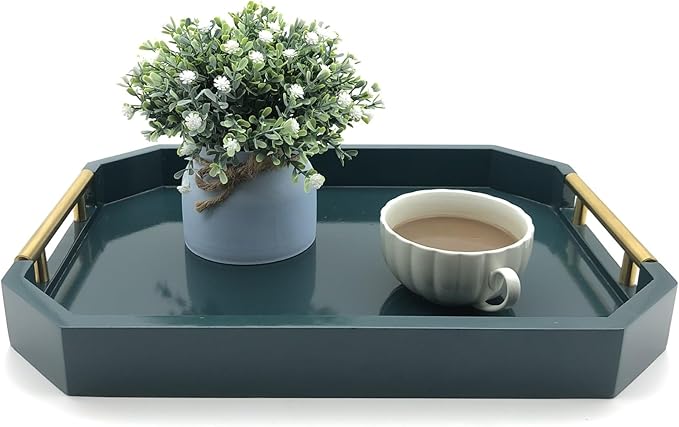 Serving Tray with Polished Metal Handles, Hexagon Coffee Table Tray, Modern Rectangle Decorative Tray, Large Ottoman Tray, Perfect for Storage and Display (Teal Rectangle)