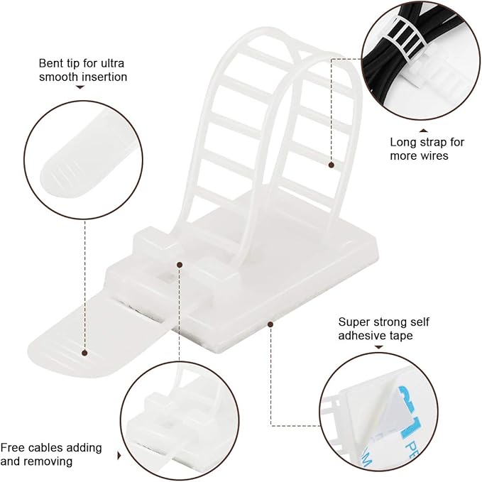 Adhesive Cable Management Clips, 50Pcs Adjustable Nylon Cable Strap Ties Wire Clips Clamps Organizer with Strong Adhesive Tape, Extra Screw & Hole for Strong Fixation Home Office - 3.35 Inch White