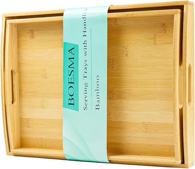 Set of 2 Bamboo Serving Tray with Handles, Decorative Wooden Tray for Breakfast, Dinner, Coffee Table - Portable Bamboo Tray for Ottoman, Kitchen, Living Room Bedroom, Outdoor Scenarios and More