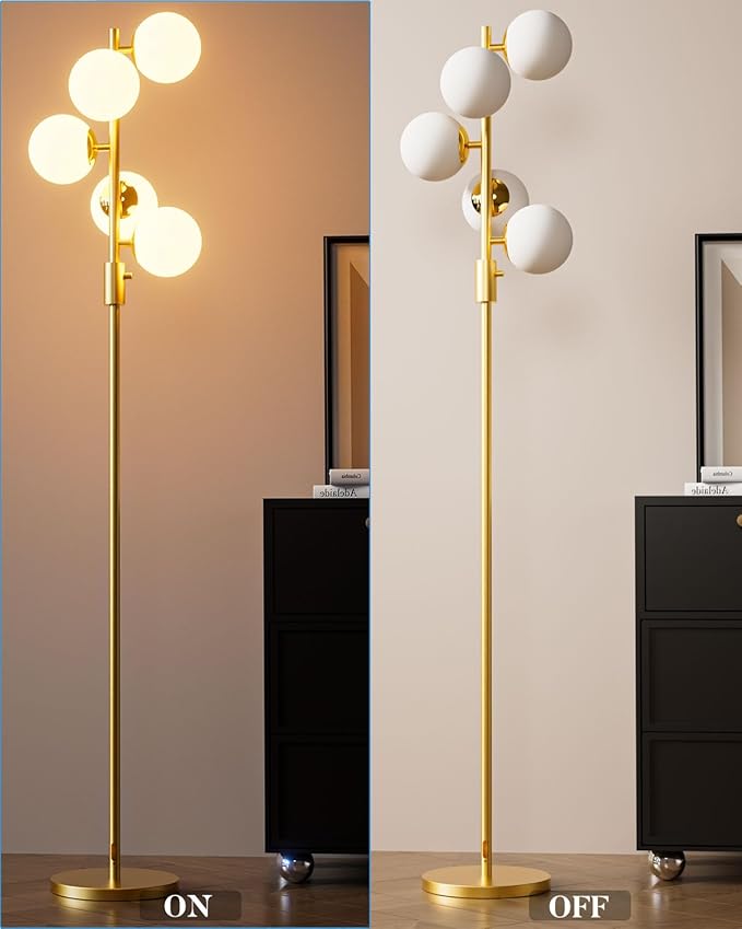 Lightdot Dimmable (Brightness Adjustable) Globe Floor Lamp, Gold Standing Lamps with 5PCS 3000K G9 Bulbs, Mid Century Modern Floor Lamp for Living Room Bedroom Home Office
