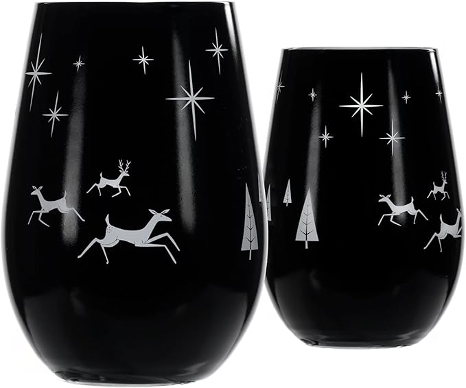 Wonderland Stemless Wine Glass/Candle Votive | Set of 2 Tumbler Wine Glasses | Lead-Free Glass | Christmas Laser Etched Stemless Wine Glasses