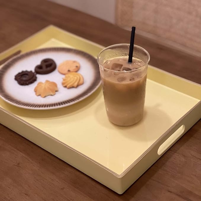Zosenley Decorative Tray, Rectangular Plastic Tray with Handles, Modern Vanity Tray and Serving Tray for Bathroom, Kitchen, Ottoman and Coffee Table, 15.6" x 10.2"(Light Yellow)