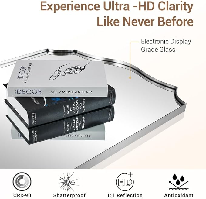 ANDY STAR Brushed Nickel Mirror, 24x32 Inch Unique Mirror for Bathroom, Silver Bathroom Vanity Mirror, Modern Curved Design, Rust-Proof Stainless Steel Metal Frame