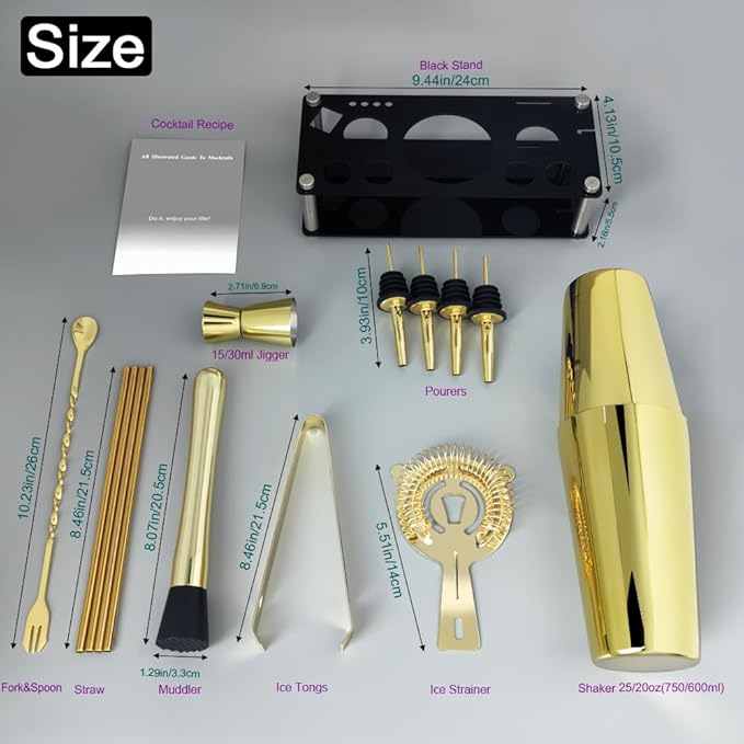 Professional Cocktail Shaker Set with Stand Cocktail Recipes, 15-Piece 750/600ml Bartender Kit, Bar Sets Bartending Kit Bar Tool Set 25/20oz Boston Shakers, Jigger, Muddler (Gold)
